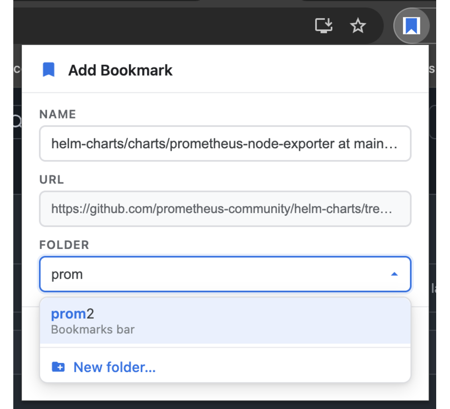 The dialog pre-filled with a long GitHub page title and URL, with “prom” typed into the folder field narrowing the tree to a single matching folder.