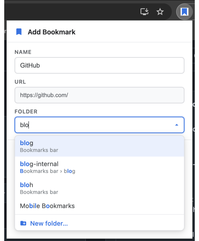 The Advanced Bookmarks dialog: typing “blo” in the Folder field instantly filters the bookmark tree down to blog, blog-internal and bloh, with matched letters highlighted and each folder's full path shown underneath.