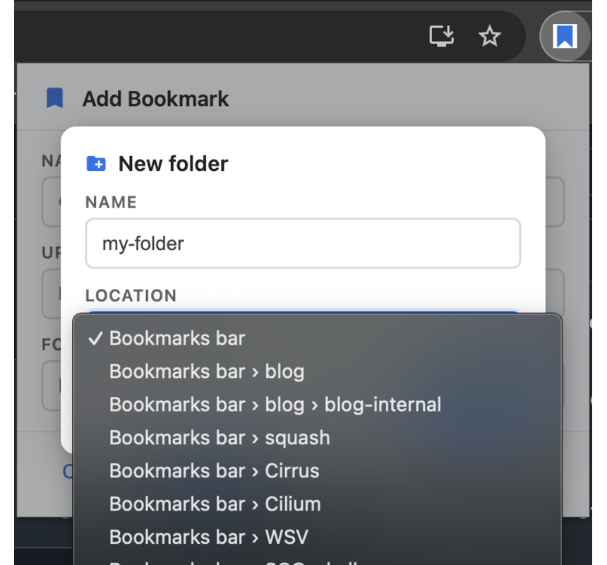 The New folder dialog, with a name field and a Location dropdown listing every existing folder by its full path.