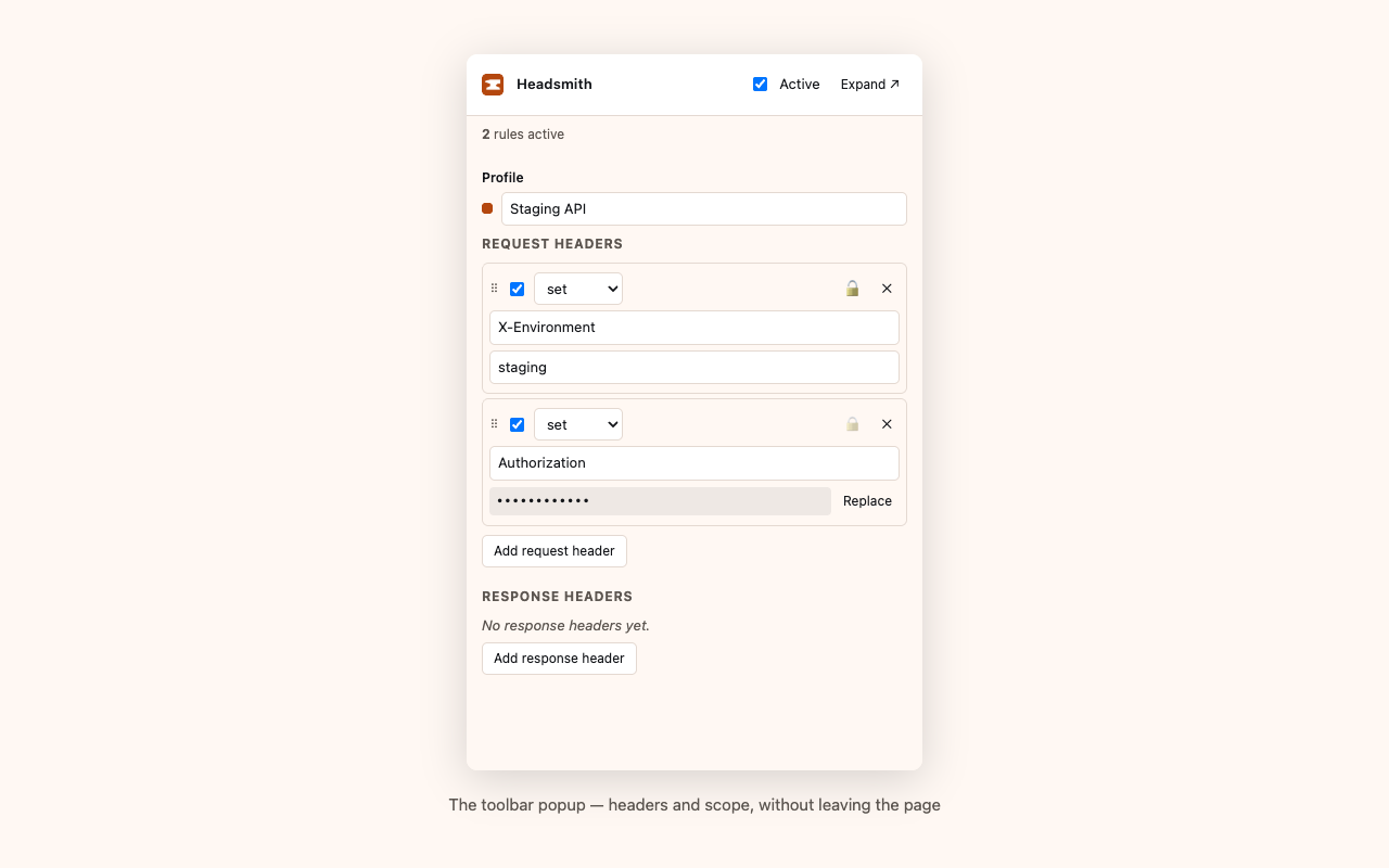 The toolbar popup showing a profile name, request headers and scope fields in a narrow layout.