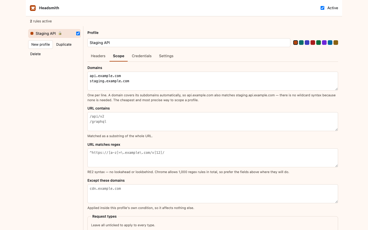 The scope editor showing domain, URL-contains and regex fields, with a note on how many rules the profile costs.