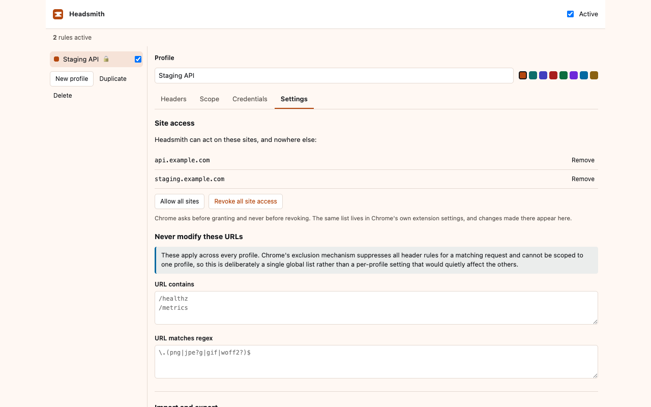 The Site access panel listing two allowed domains, each with a Remove button, plus Allow all sites and Revoke all site access controls.